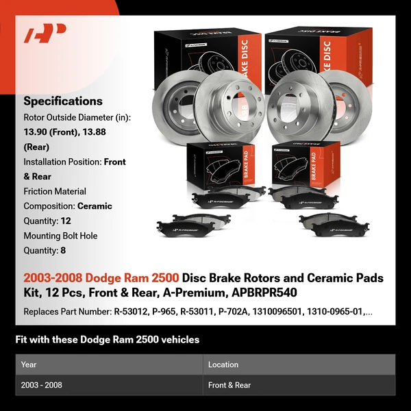 2003-2008 Dodge Ram 2500 Disc Brake Rotors and Ceramic Pads Kit, 12 Pcs, Front & Rear, A-Premium, APBRPR540