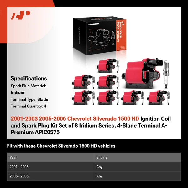 2001-2003 2005-2006 Chevrolet Silverado 1500 HD Ignition Coil and Spark Plug Kit Set of 8 Iridium Series, 4-Blade Terminal A-Premium APIC0575