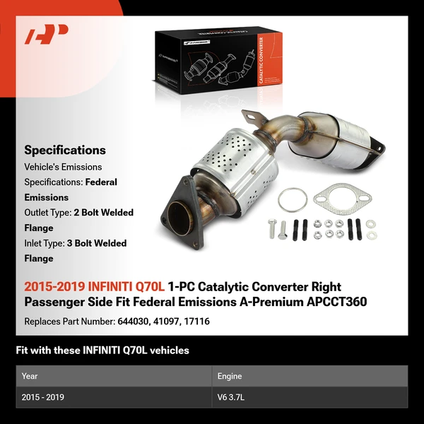 2015-2019 INFINITI Q70L 1-PC Catalytic Converter Right Passenger Side Fit Federal Emissions A-Premium APCCT360