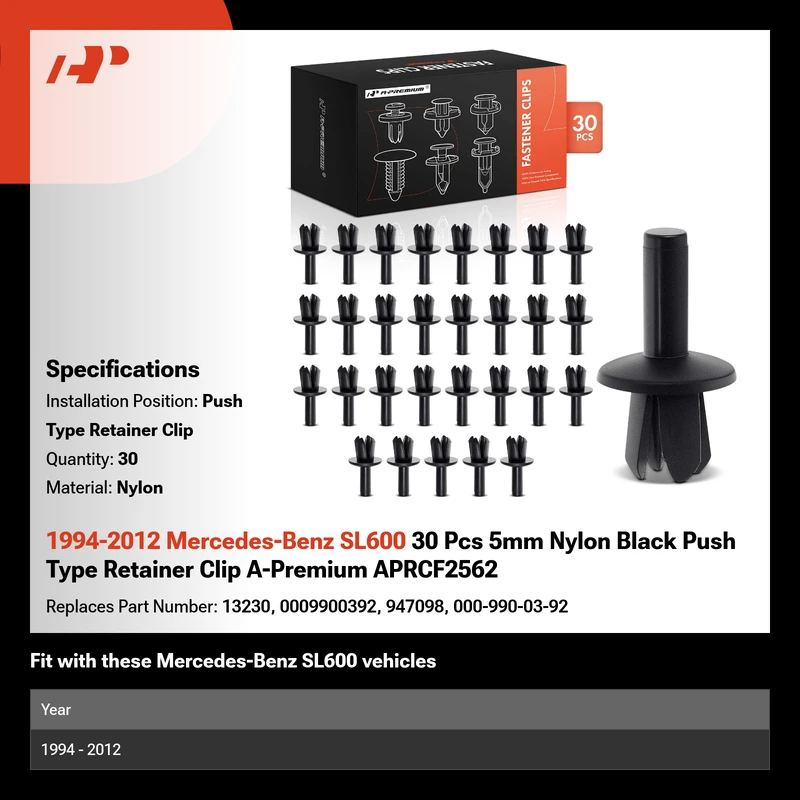1994-2012 Mercedes-Benz SL600 30 Pcs 5mm Nylon Black Push Type Retainer Clip A-Premium APRCF2562
