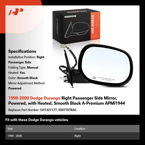 1998-2000 Dodge Durango Right Passenger Side Mirror, Powered, with Heated, Smooth Black A-Premium APMI1944
