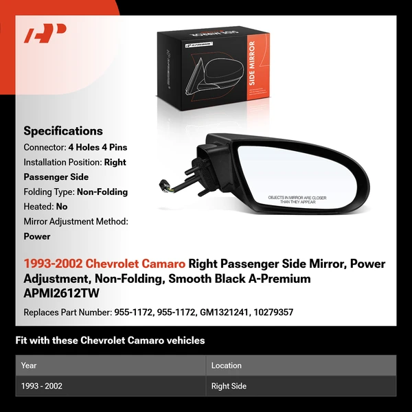 1993-2002 Chevrolet Camaro Right Passenger Side Mirror, Power Adjustment, Non-Folding, Smooth Black A-Premium APMI2612TW