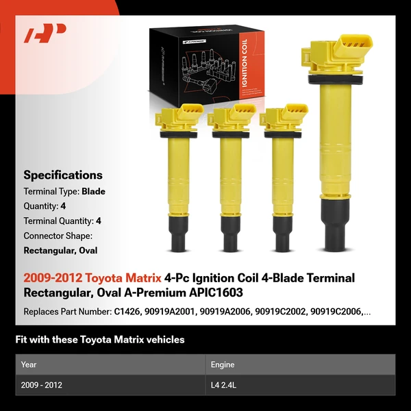 2009-2012 Toyota Matrix 4-Pc Ignition Coil 4-Blade Terminal Rectangular, Oval A-Premium APIC1603