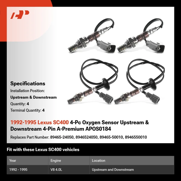 1992-1995 Lexus SC400 4-Pc Oxygen Sensor Upstream & Downstream 4-Pin A-Premium APOS0184