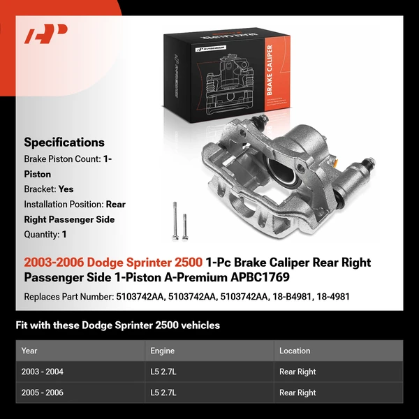 2003-2006 Dodge Sprinter 2500 1-Pc Brake Caliper Rear Right Passenger Side 1-Piston A-Premium APBC1769