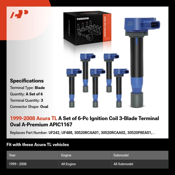 1999-2008 Acura TL A Set of 6-Pc Ignition Coil 3-Blade Terminal Oval A-Premium APIC1167
