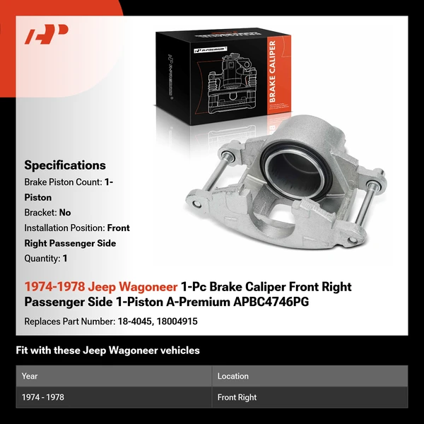 1974-1978 Jeep Wagoneer 1-Pc Brake Caliper Front Right Passenger Side 1-Piston A-Premium APBC4746PG