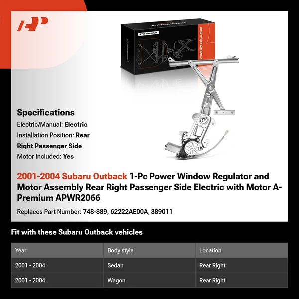 2001-2004 Subaru Outback 1-Pc Power Window Regulator and Motor Assembly Rear Right Passenger Side Electric with Motor A-Premium APWR2066