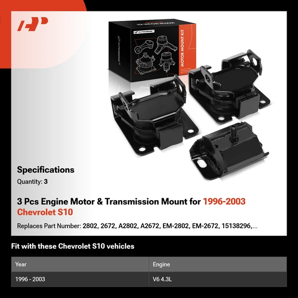 3 Pcs Engine Motor & Transmission Mount for 1996-2003 Chevrolet S10