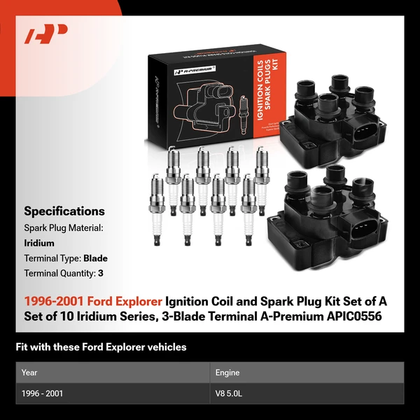 1996-2001 Ford Explorer Ignition Coil and Spark Plug Kit Set of A Set of 10 Iridium Series, 3-Blade Terminal A-Premium APIC0556