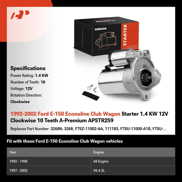 1992-2002 Ford E-150 Econoline Club Wagon Starter 1.4 KW 12V Clockwise 10 Teeth A-Premium APSTR259