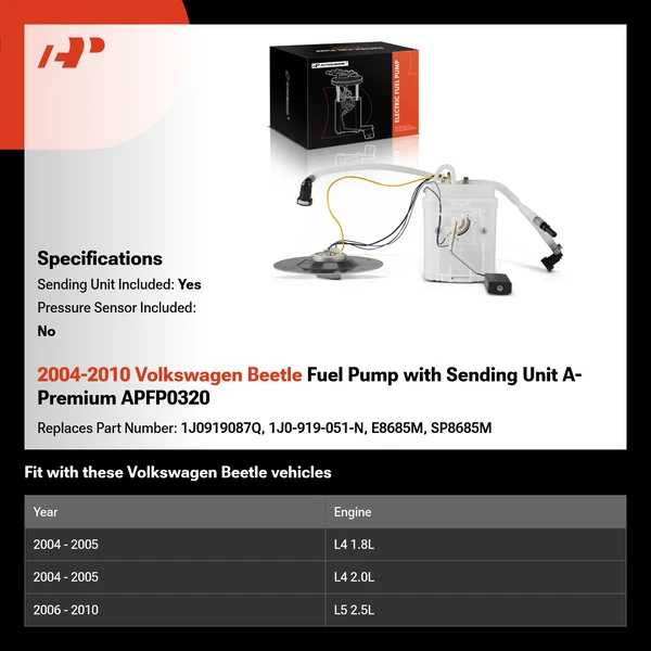 2004-2010 Volkswagen Beetle Fuel Pump with Sending Unit A-Premium APFP0320