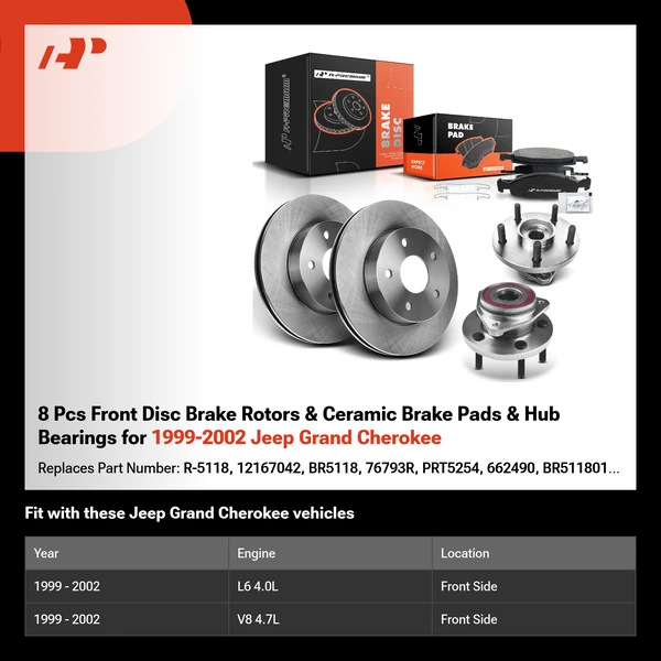 8 Pcs Front Disc Brake Rotors & Ceramic Brake Pads & Hub Bearings for 1999-2002 Jeep Grand Cherokee