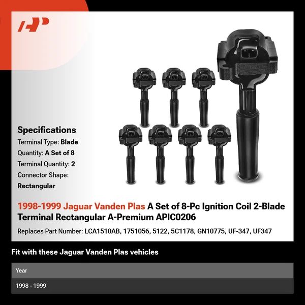 1998-1999 Jaguar Vanden Plas A Set of 8-Pc Ignition Coil 2-Blade Terminal Rectangular A-Premium APIC0206