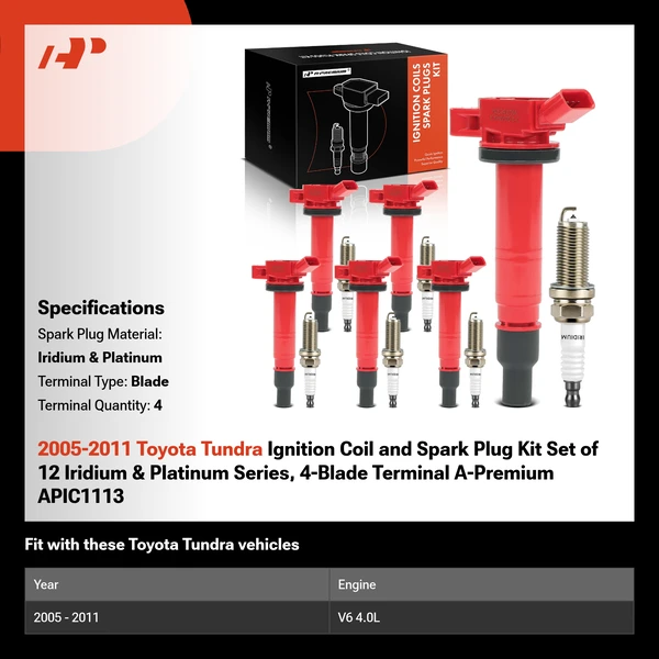 2005-2011 Toyota Tundra Ignition Coil and Spark Plug Kit Set of 12 Iridium & Platinum Series, 4-Blade Terminal A-Premium APIC1113