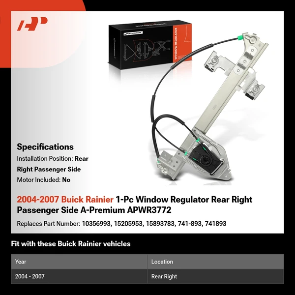 2004-2007 Buick Rainier 1-Pc Window Regulator Rear Right Passenger Side A-Premium APWR3772