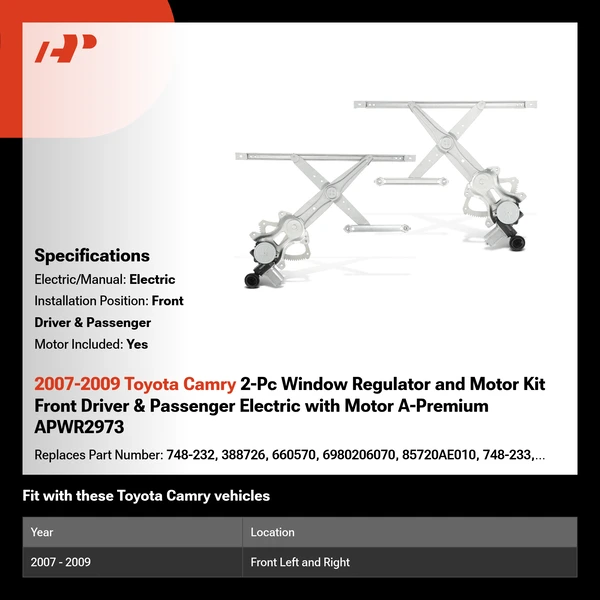 2007-2009 Toyota Camry 2-Pc Window Regulator and Motor Kit Front Driver & Passenger Electric with Motor A-Premium APWR2973