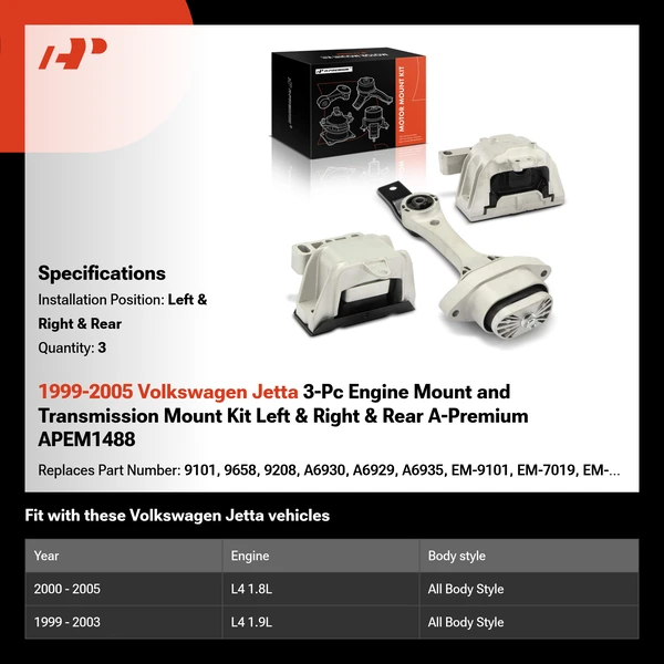 1999-2005 Volkswagen Jetta 3-Pc Engine Mount and Transmission Mount Kit Left & Right & Rear A-Premium APEM1488