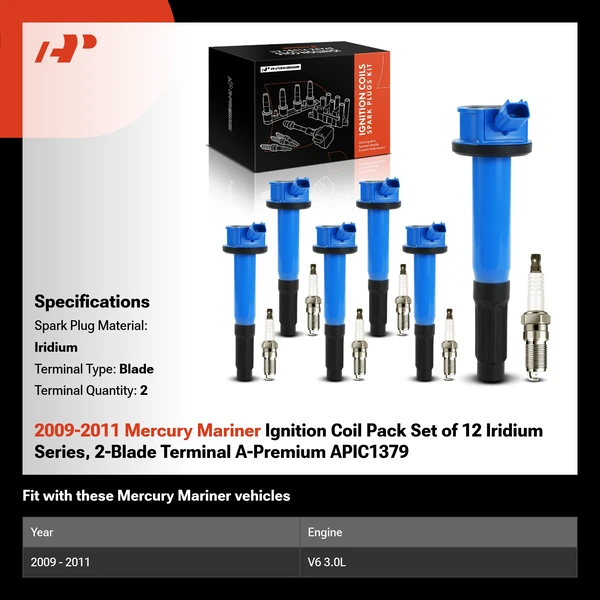 2009-2011 Mercury Mariner Ignition Coil Pack Set of 12 Iridium Series, 2-Blade Terminal A-Premium APIC1379
