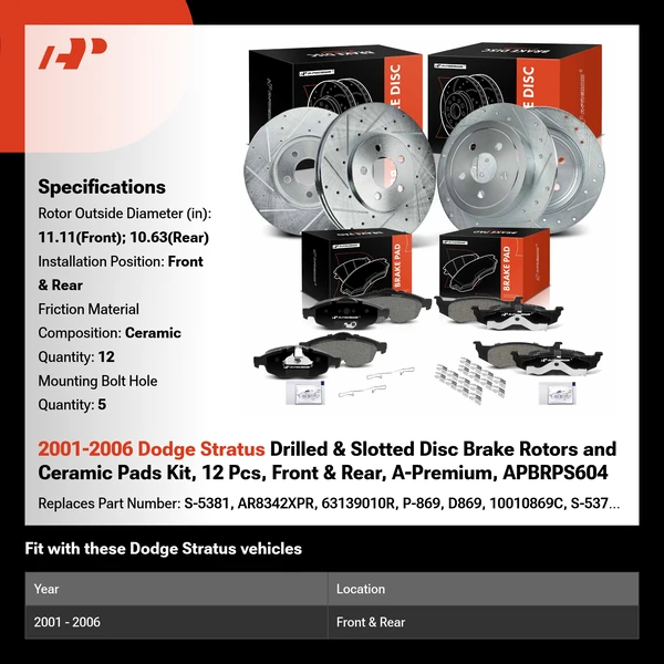 2001-2006 Dodge Stratus Drilled & Slotted Disc Brake Rotors and Ceramic Pads Kit, 12 Pcs, Front & Rear, A-Premium, APBRPS604