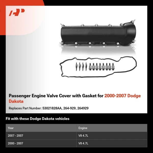 Passenger Engine Valve Cover with Gasket for 2000-2007 Dodge Dakota