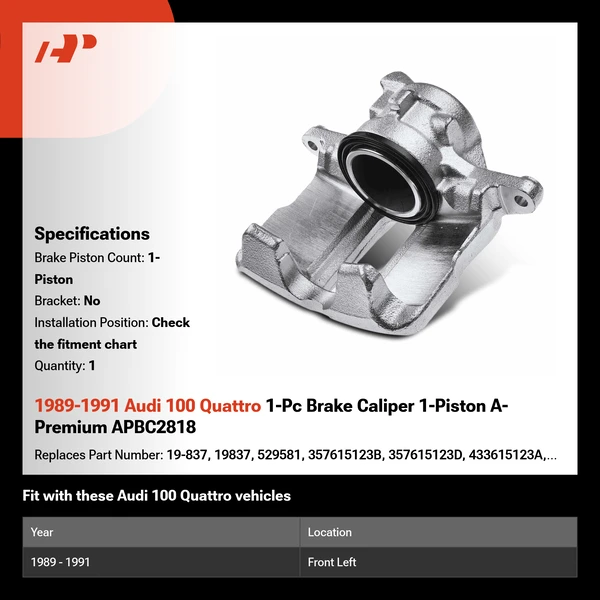 1989-1991 Audi 100 Quattro 1-Pc Brake Caliper 1-Piston A-Premium APBC2818