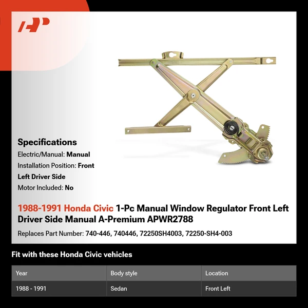 1988-1991 Honda Civic 1-Pc Manual Window Regulator Front Left Driver Side Manual A-Premium APWR2788