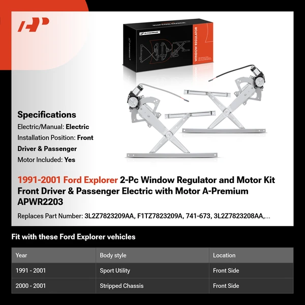 1991-2001 Ford Explorer 2-Pc Window Regulator and Motor Kit Front Driver & Passenger Electric with Motor A-Premium APWR2203
