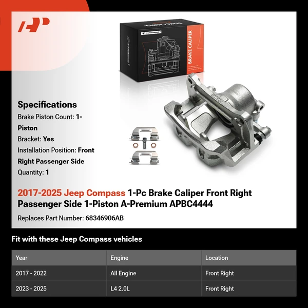2017-2025 Jeep Compass 1-Pc Brake Caliper Front Right Passenger Side 1-Piston A-Premium APBC4444