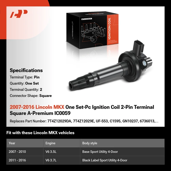 2007-2016 Lincoln MKX One Set-Pc Ignition Coil 2-Pin Terminal Square A-Premium IC0059
