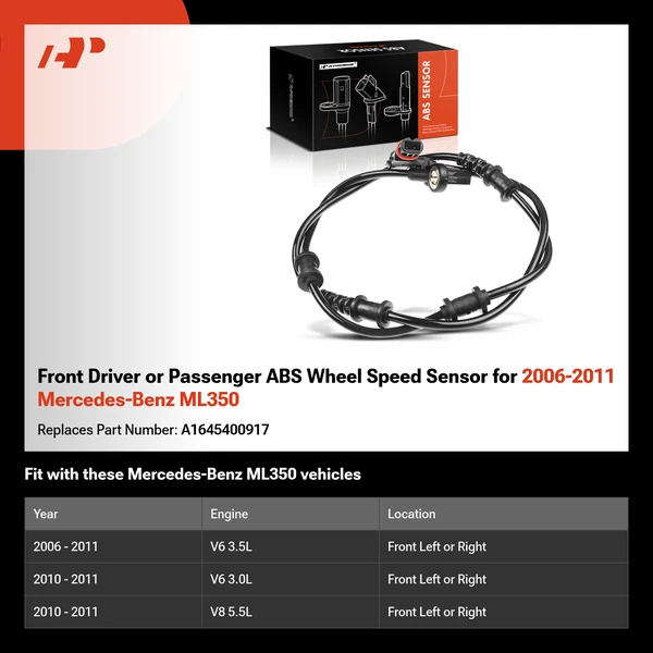 Front Driver or Passenger ABS Wheel Speed Sensor for 2006-2011 Mercedes-Benz ML350
