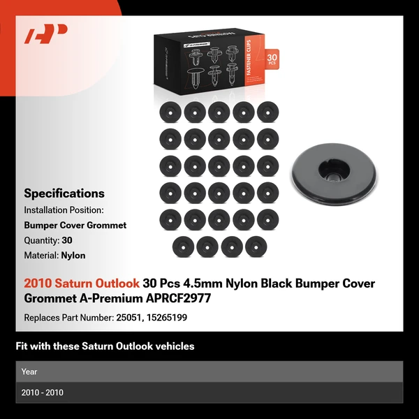 2010 Saturn Outlook 30 Pcs 4.5mm Nylon Black Bumper Cover Grommet A-Premium APRCF2977