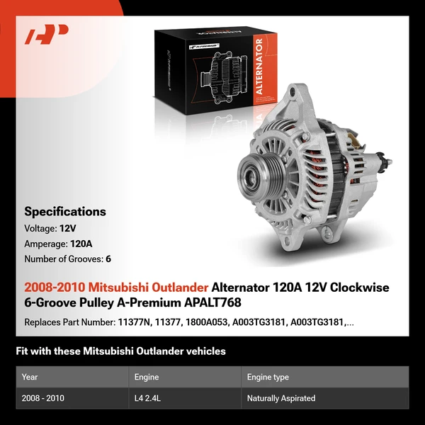 2008-2010 Mitsubishi Outlander Alternator 120A 12V Clockwise 6-Groove Pulley A-Premium APALT768