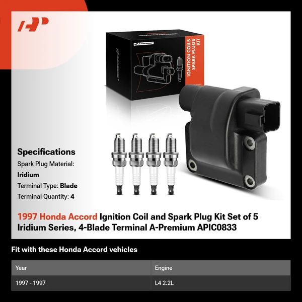 1997 Honda Accord Ignition Coil and Spark Plug Kit Set of 5 Iridium Series, 4-Blade Terminal A-Premium APIC0833