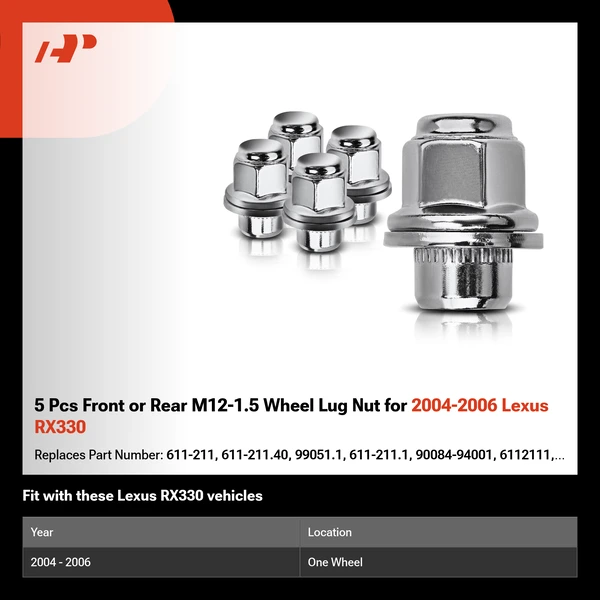 5 Pcs Front or Rear M12-1.5 Wheel Lug Nut for 2004-2006 Lexus RX330