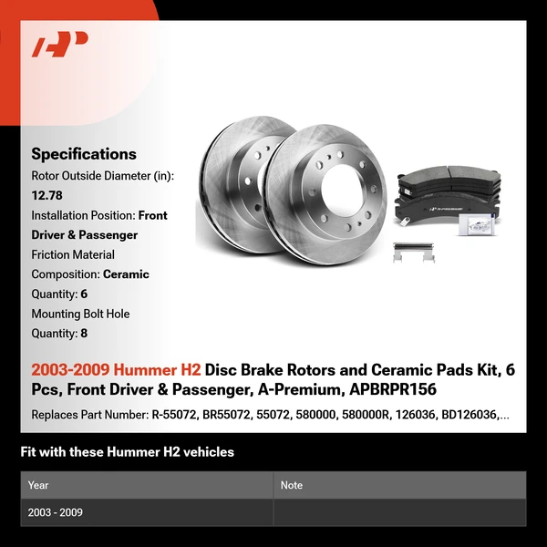 2003-2009 Hummer H2 Disc Brake Rotors and Ceramic Pads Kit, 6 Pcs, Front Driver & Passenger, A-Premium, APBRPR156