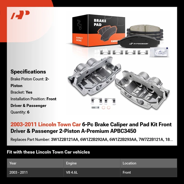 2003-2011 Lincoln Town Car 6-Pc Brake Caliper and Pad Kit Front Driver & Passenger 2-Piston A-Premium APBC3450