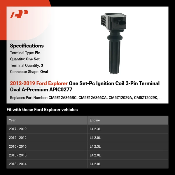 2012-2019 Ford Explorer One Set-Pc Ignition Coil 3-Pin Terminal Oval A-Premium APIC0277