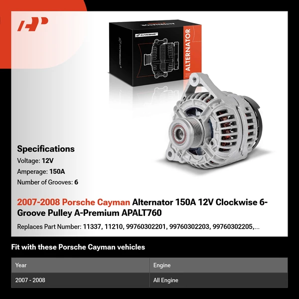 2007-2008 Porsche Cayman Alternator 150A 12V Clockwise 6-Groove Pulley A-Premium APALT760