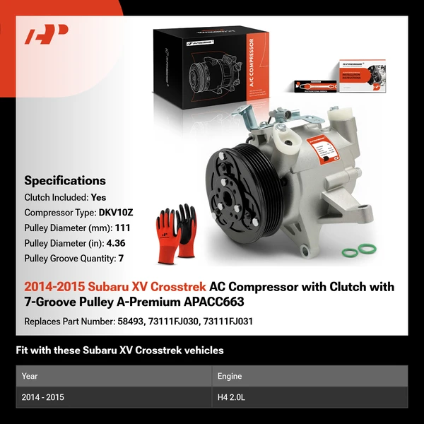 2014-2015 Subaru XV Crosstrek AC Compressor with Clutch with 7-Groove Pulley A-Premium APACC663