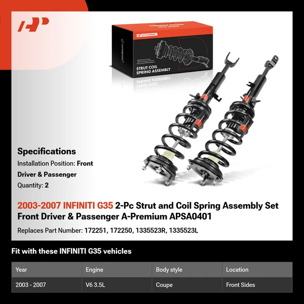2003-2007 INFINITI G35 2-Pc Strut and Coil Spring Assembly Set Front Driver & Passenger A-Premium APSA0401