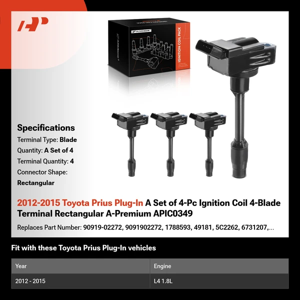 2012-2015 Toyota Prius Plug-In A Set of 4-Pc Ignition Coil 4-Blade Terminal Rectangular A-Premium APIC0349