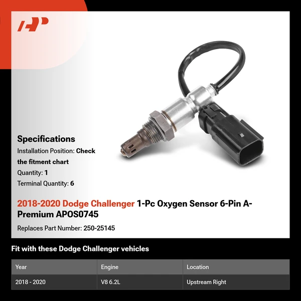 2018-2020 Dodge Challenger 1-Pc Oxygen Sensor 6-Pin A-Premium APOS0745
