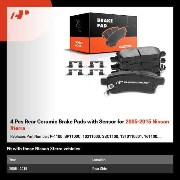 4 Pcs Rear Ceramic Brake Pads with Sensor for 2005-2015 Nissan Xterra