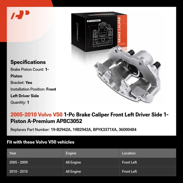 2005-2010 Volvo V50 1-Pc Brake Caliper Front Left Driver Side 1-Piston A-Premium APBC3052