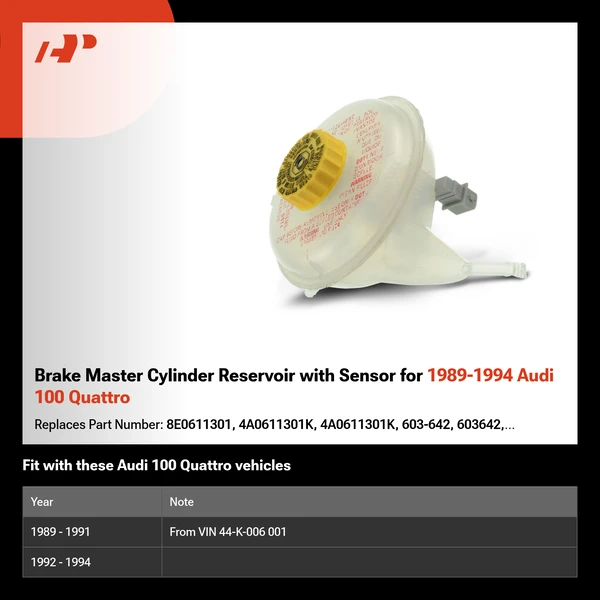 Brake Master Cylinder Reservoir with Sensor for 1989-1994 Audi 100 Quattro