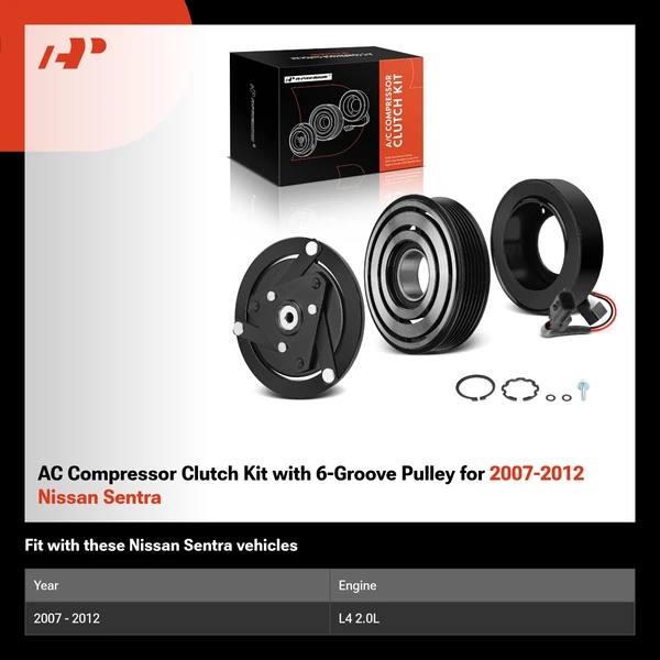 AC Compressor Clutch Kit with 6-Groove Pulley for 2007-2012 Nissan Sentra