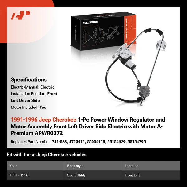1991-1996 Jeep Cherokee 1-Pc Power Window Regulator and Motor Assembly Front Left Driver Side Electric with Motor A-Premium APWR0372