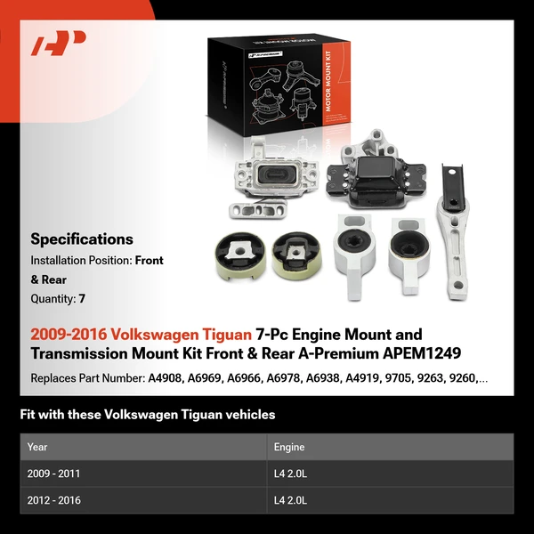 2009-2016 Volkswagen Tiguan 7-Pc Engine Mount and Transmission Mount Kit Front & Rear A-Premium APEM1249