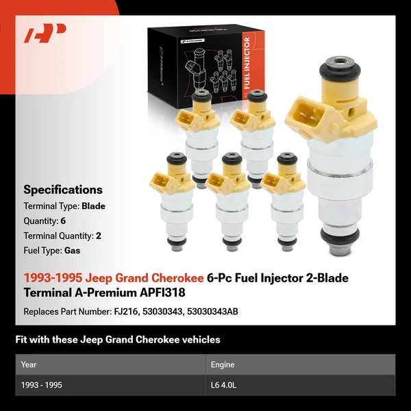1993-1995 Jeep Grand Cherokee 6-Pc Fuel Injector 2-Blade Terminal A-Premium APFI318